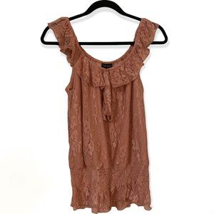 Intrigue | Blush/Coral Lace Sleeveless Blouse w/ Ruffles | M
